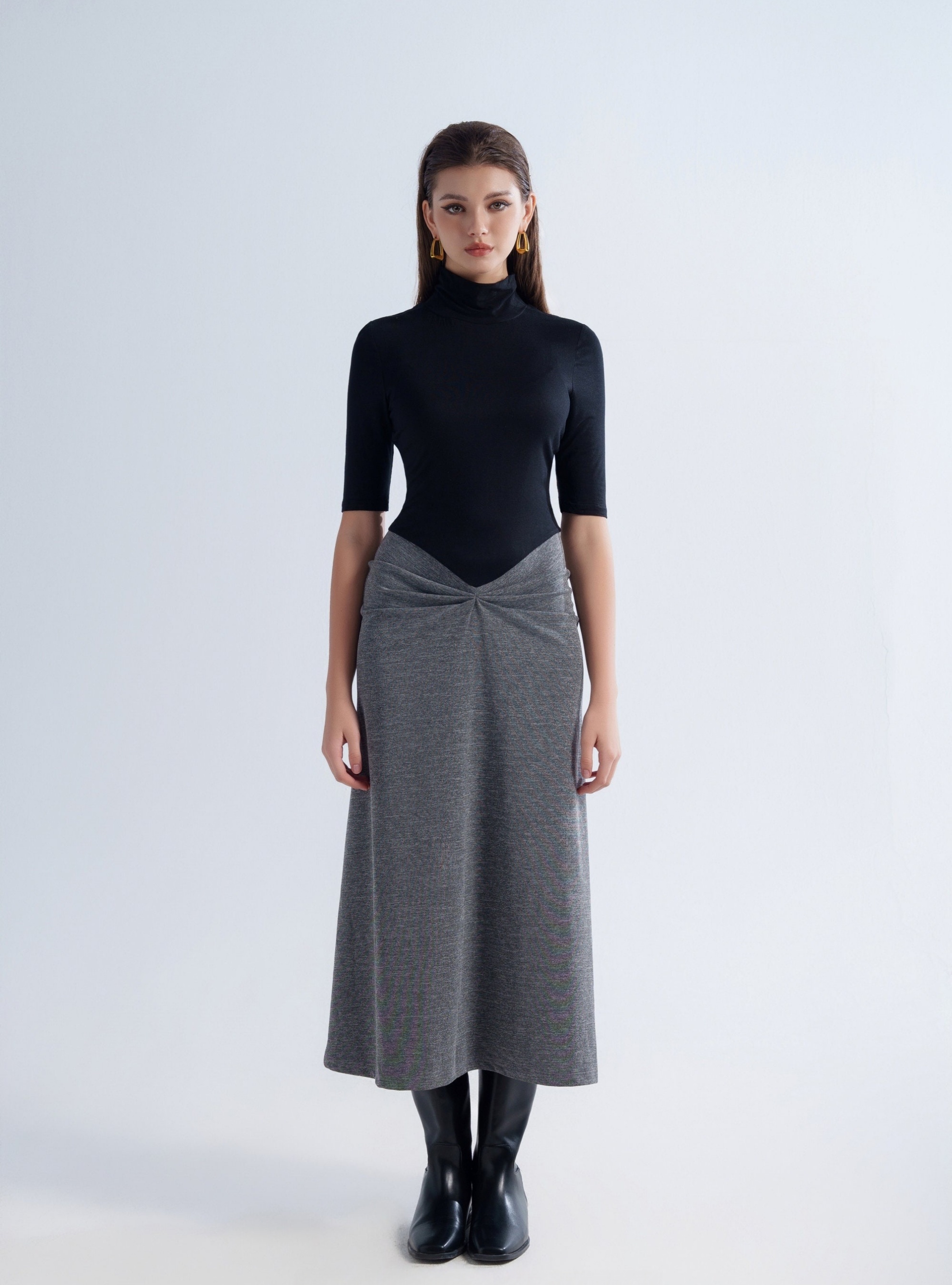 BLACK AND GREY TURTLENECK TWIST-WAIST MIDI DRESS