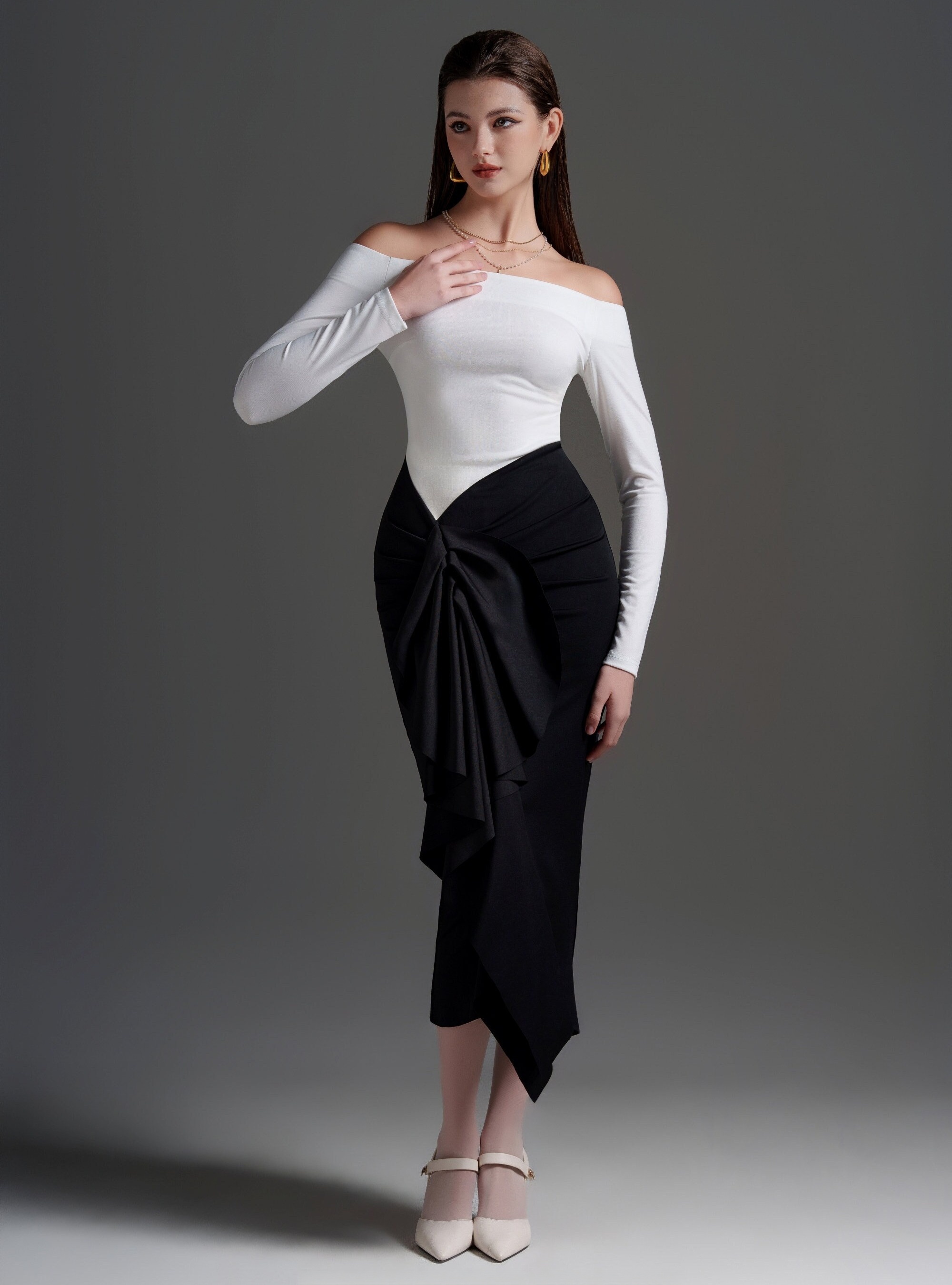 BLACK AND WHITE OFF SHOULDER DRAPED MIDI DRESS